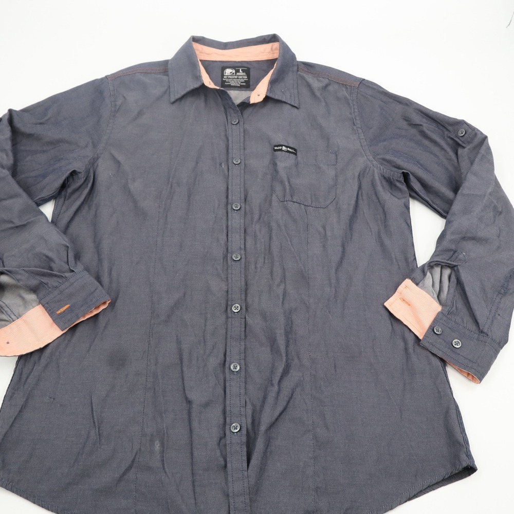 Taco Bell Womens Large Grey Orange Pinstripe Long Sleeve Button Up Uniform Shirt